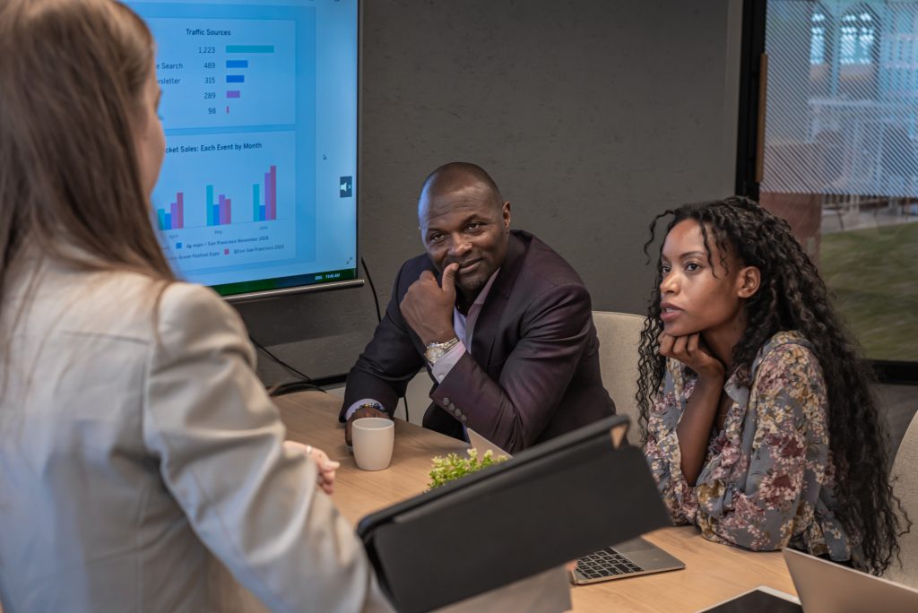 Team reviewing analytics in a meeting while planning an SMS Gateway Provider rollout to reach customers in emerging markets