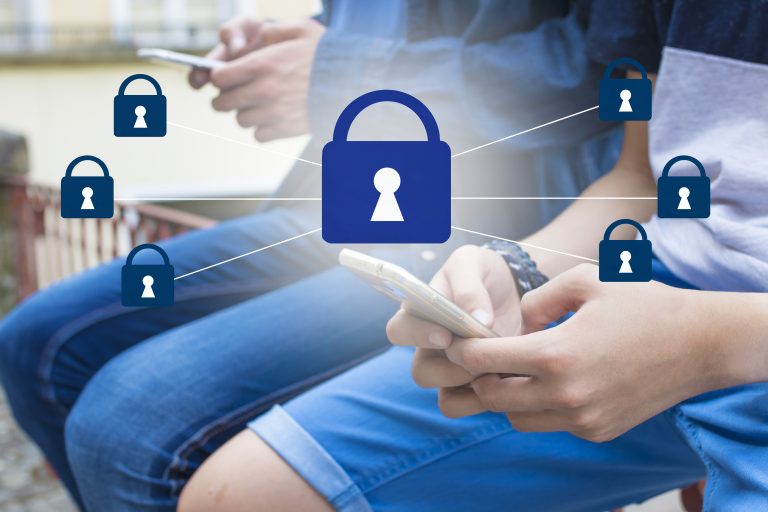 Secure messaging concept showing people using smartphones with padlock icons, representing protection offered by the Best SMS Service Provider.