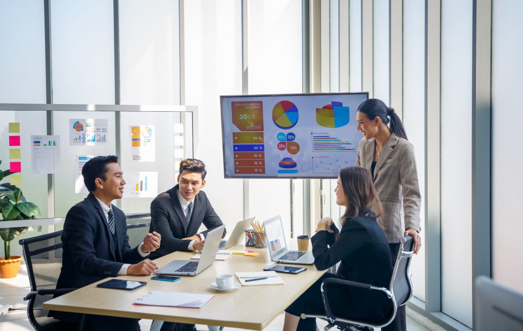 Marketing team reviewing mobile marketing analytics on a screen while discussing strategy with an SMS gateway provider.